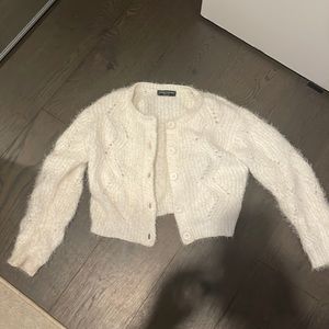 Central Park west small fuzzy white button cable knit cardigan fall